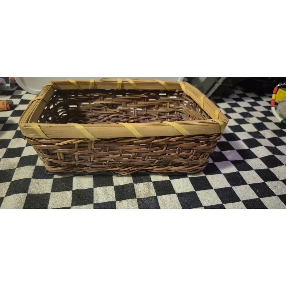 Vintage Rectangular Woven‎ Wicker Basket Brown Boho Farmhouse Storage Decor